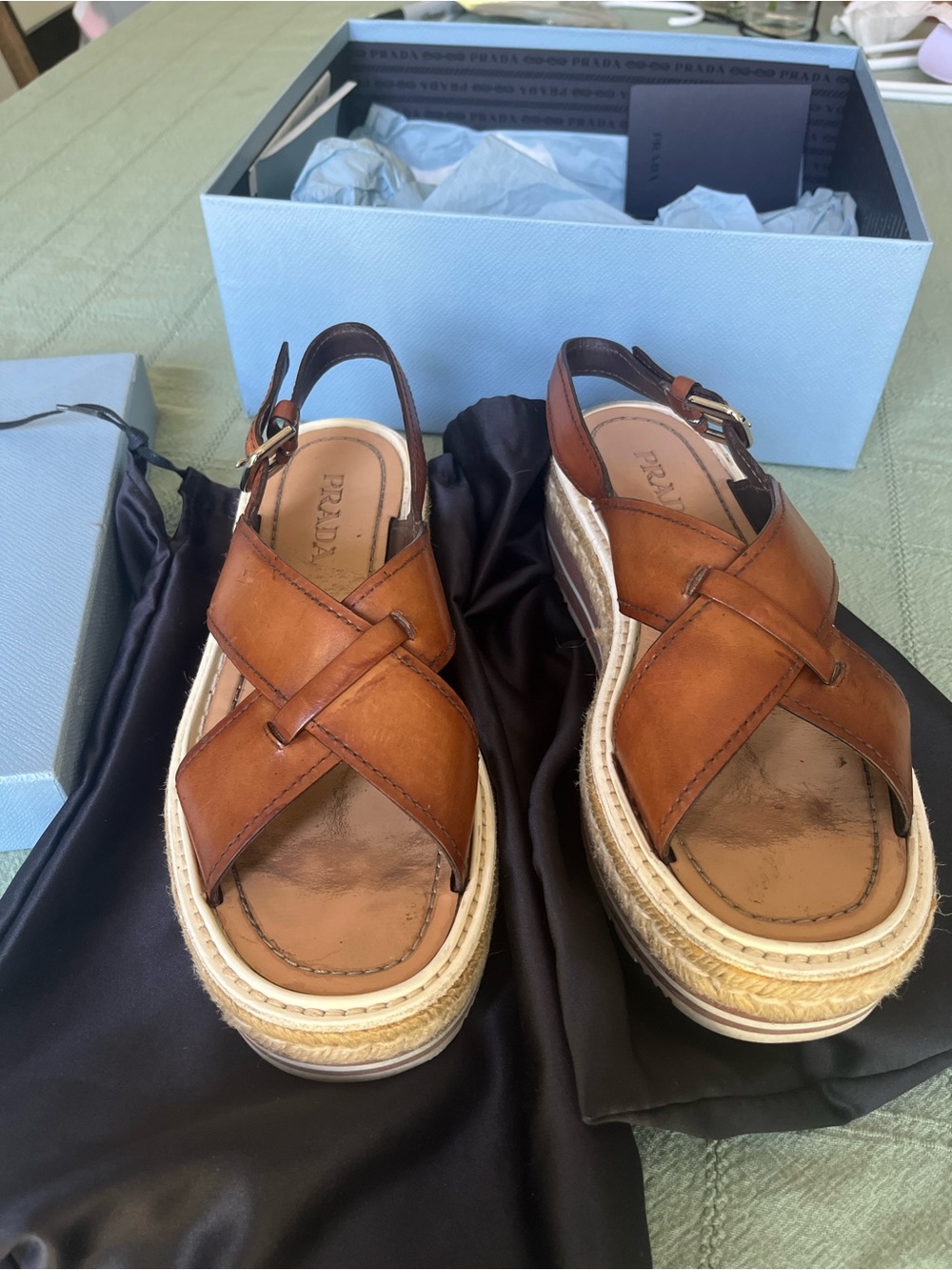 Prada Brown Leather Espadrille Platform Slingback Sandals